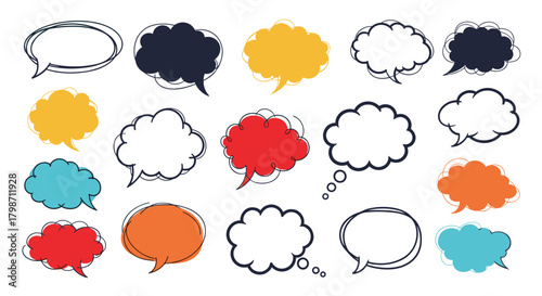 Vibrant set of hand-drawn speech bubbles and thought clouds with various shapes and colors, ideal for illustrating dialogue and ideas.