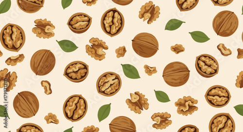 Seamless pattern of walnuts, showcasing whole nuts, cracked shells with kernels, and green leaves scattered on a light background.