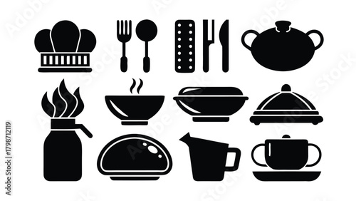 Black icons for culinary items and cooking on a white background food drink