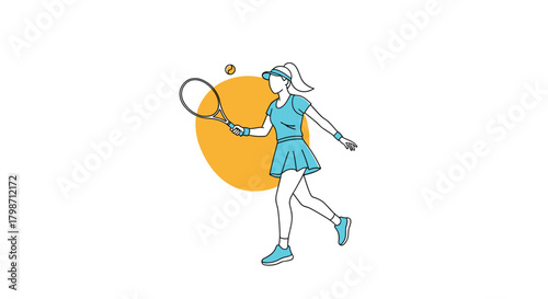 A stylized illustration of a woman playing tennis, dressed in a blue uniform and visor, hitting a ball with a racket against an orange background.