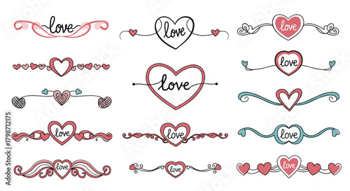 A collection of hand-drawn heart-shaped decorative dividers and borders with the word love, perfect for Valentine's Day and romantic themes.