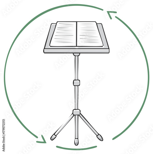 Music stand with musical notes within round arrow rotation circle illustration