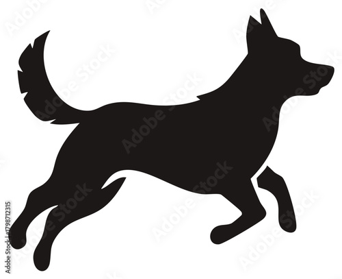 Playful dog or puppy running and jumping in a simple black silhouette vector graphic icon