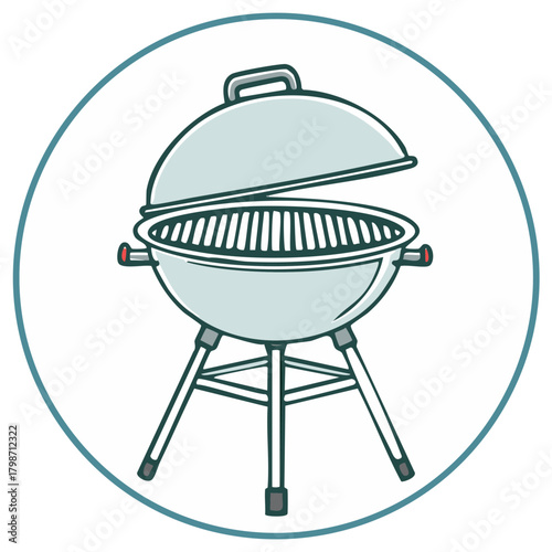 Simple cartoon illustration of a silver barbecue grill with the lid open