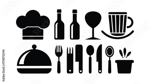 Black Icons of Chef Hat, Bottles, Glassware, and Cutlery on White Background wine glass