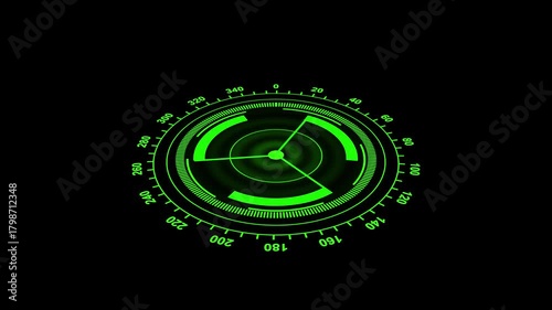 Green Digital Radar Scanner with Degrees Scale and Abstract Segments on animated Black technology interface.High-tech green digital radar with interactive degrees scale and dynamic abstract segments.