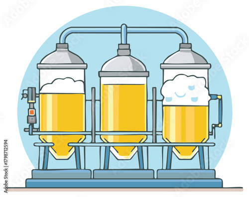Cartoon illustration of brewing tanks producing beer with white foam and a blue background.
