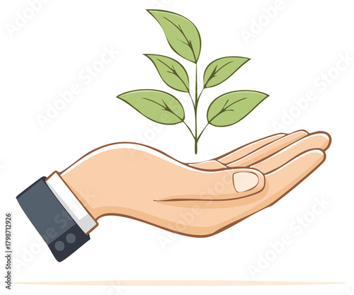 Business hand gently cradling a growing green plant with leaves