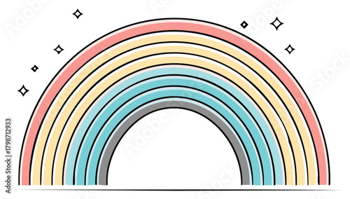 Pastel colored hand drawn rainbow with sparkling stars in whimsical doodle style