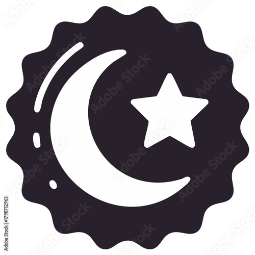 Crescent Moon and Star Symbol in Round Seal Shape Representing Islamic Art or Decoration