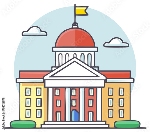 Cartoon illustration of a government building, state capitol, or university campus with a classical dome