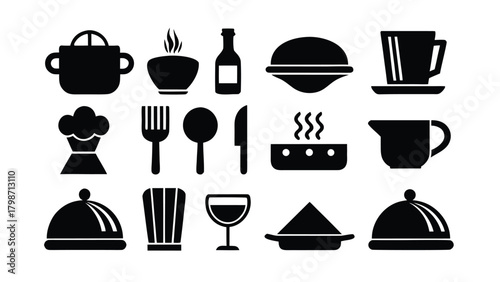 Collection of Black Culinary Icons and Kitchenware Silhouettes on White Background