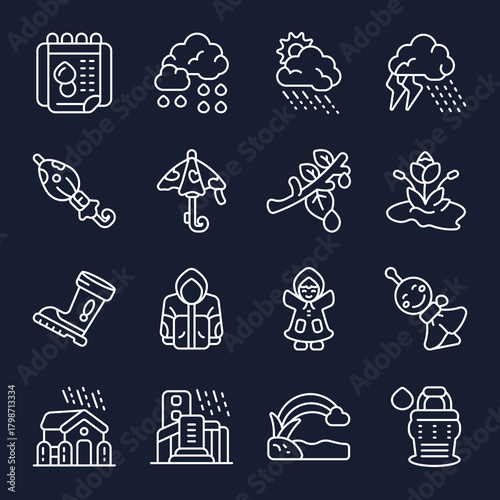 Weather Icons Rain, Clouds, Storms, and Seasonal Elements Displayed in a Vector Illustration