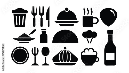 Collection of Black Food and Drink Icons on White Background vector illustration