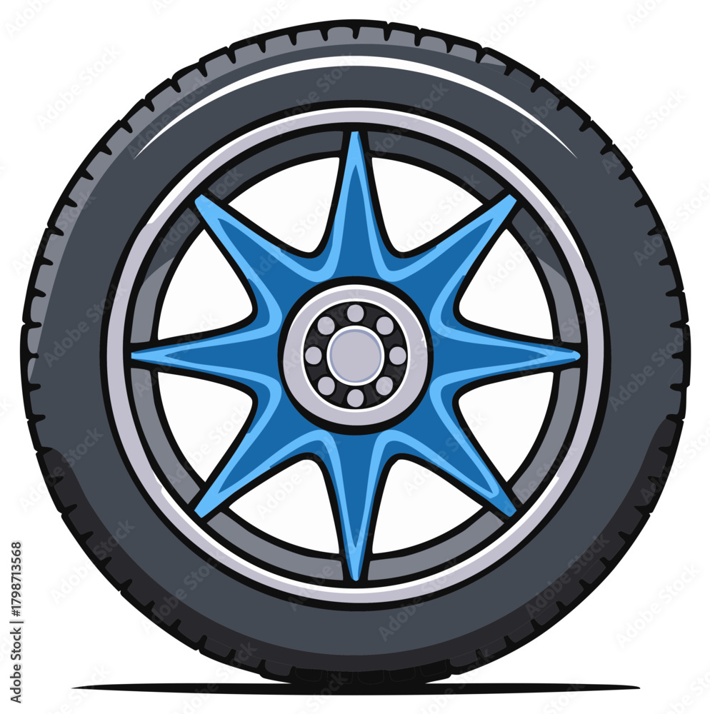 Obraz premium Modern Blue Alloy Wheel with Tire and Silver Rim Vector Illustration