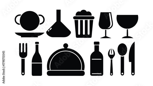Collection of Black Silhouettes of Kitchen Utensils and Food Service Items Keywords: kitchen, utensils, food, service, restaurant, dining, cooking