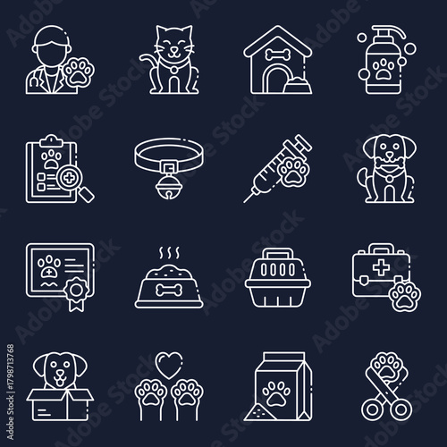 Set of outline icons related to pet care, including a vet, cat, dog house, shampoo, and more