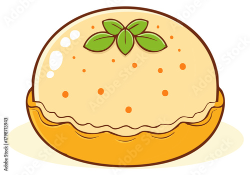 Cartoon pie with green leaf garnish and orange dot decoration