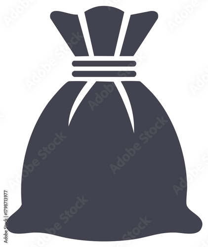 Filled sack with tied top used for carrying items, supplies or goods with a simple clean isolated outline