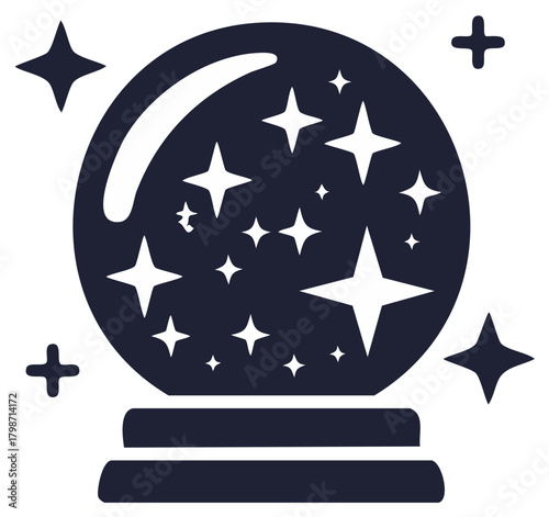 Mystical crystal ball with sparkling stars and a swirling comet against a white background