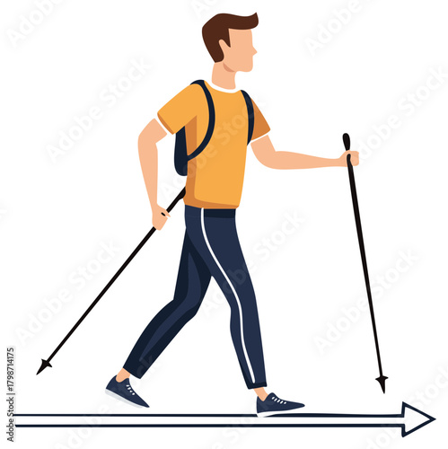 Man with backpack Nordic walking with poles on an arrow path