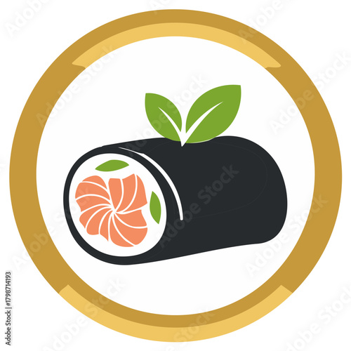 Stylized sushi roll with salmon and green garnish inside a gold circle