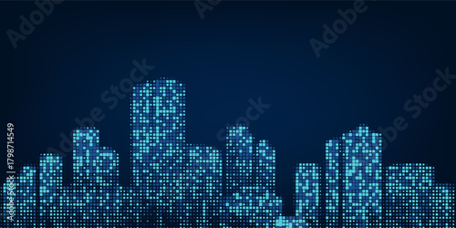 Cityscape on dark blue background with bright glowing neon. Technology city background
