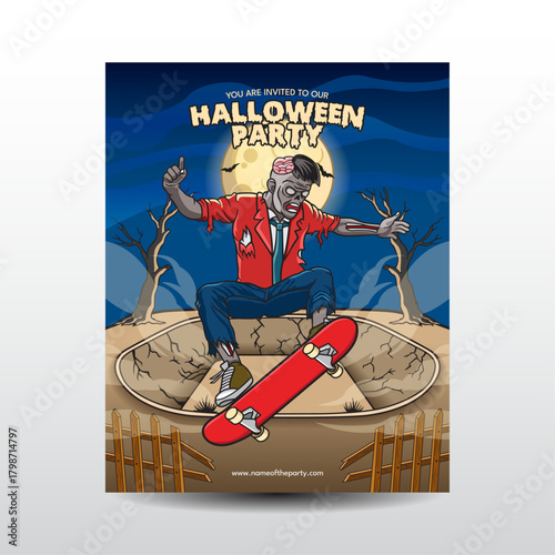 Editable Happy Halloween Social Media Flyer - Zombie plays skateboard to celebrate Halloween