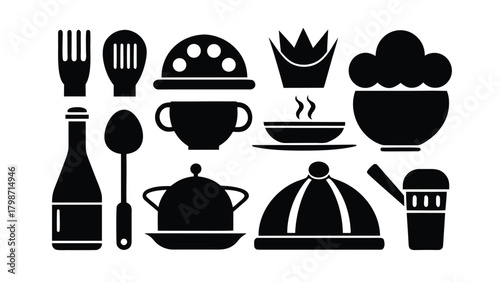 Variety of black food and drink icons on a white background collection
