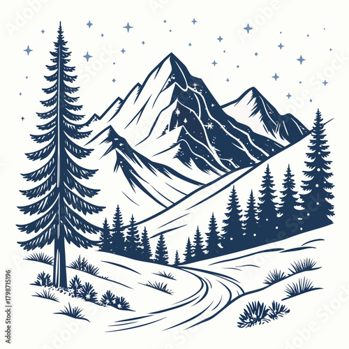 Serene mountain vista illustration with snowcovered peaks, evergreen trees, and a starlit sky, evoking a sense of tranquility and natural beauty isolated on