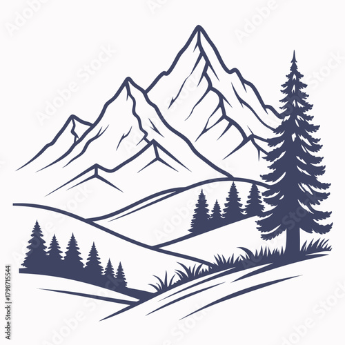 A majestic mountain range with rolling hills and towering pine trees, isolated on a serene landscape for nature lovers and outdoor enthusiasts