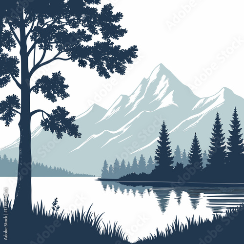 Serene mountain vista featuring a calm lake reflecting the majestic peaks and a silhouette of a tree, creating a peaceful and captivating natural scene isolated on