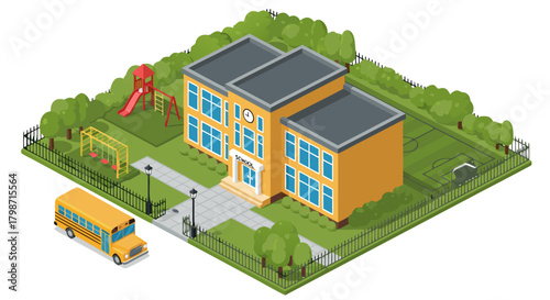 Isometric vector illustration of a modern school building with a yellow school bus and a playground for children's education and learning b