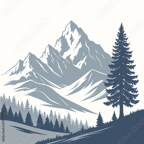 A majestic mountain range with a tall pine tree in the foreground, creating a serene and picturesque landscape, isolated on
