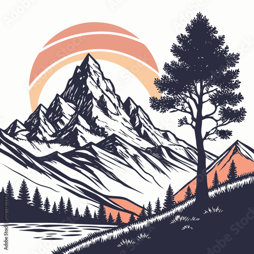 Majestic mountain peak landscape with a solitary tree standing tall against a backdrop of a setting sun isolated on natures beauty in a single frame