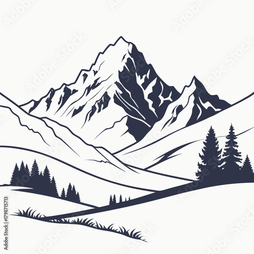 Majestic mountain peak amidst rolling hills and evergreen trees, a serene landscape of natures beauty, sketched with artistic lines, isolated on