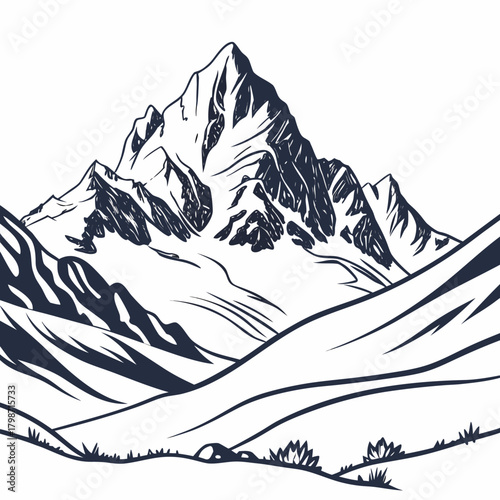 Majestic mountain peak rises above rolling hills, a serene landscape of natures grandeur, sketched with artistic lines, isolated on a tranquil scene