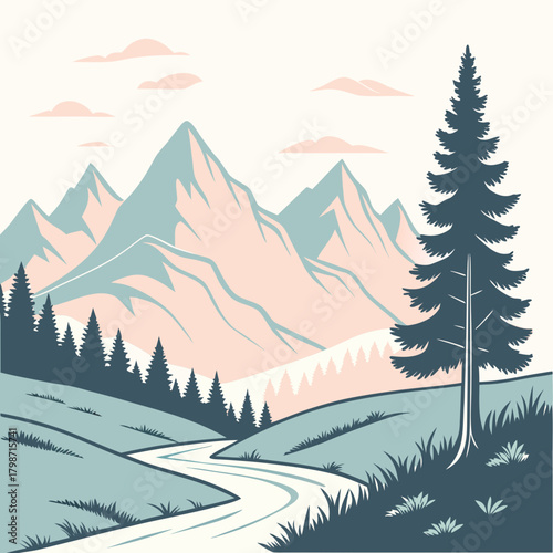 A picturesque mountain landscape illustration with a winding river, evergreen trees, and a clear sky, evoking a sense of tranquility and natural beauty