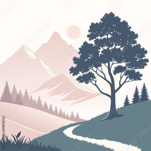 A serene landscape illustration featuring a winding path leading towards distant mountains under a soft, pastelcolored sky with a prominent tree in the foreground