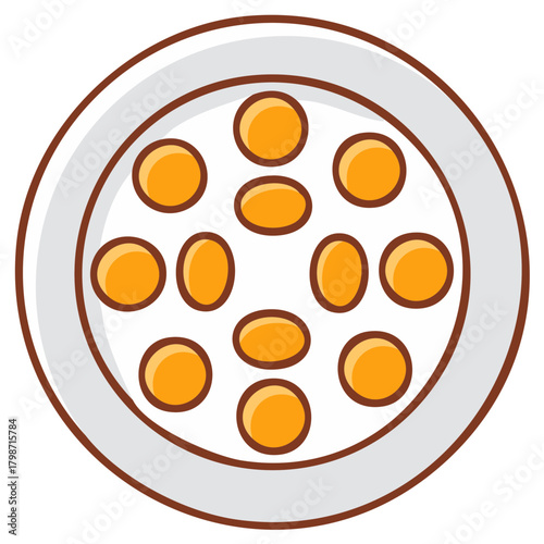 Cartoon illustration of a plate with spherical and oval orange items