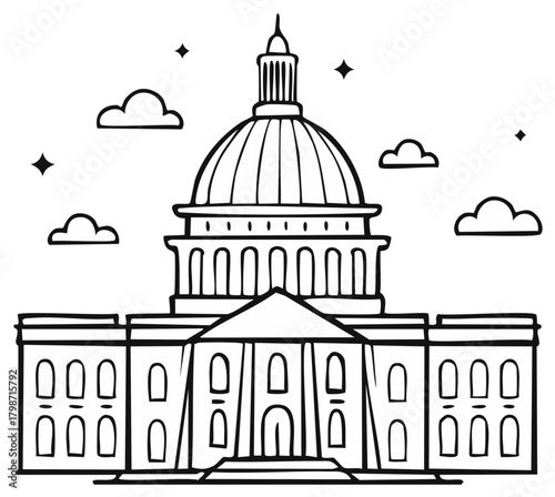 Classic domed government building architecture line art drawing