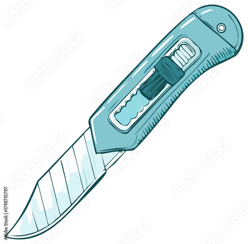 Blue utility knife box cutter hand drawn vector illustration for crafts and DIY projects
