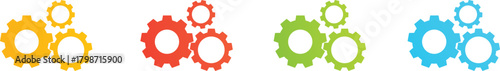A set of four colorful flat design gear icons in yellow, red, green, and blue, symbolizing mechanics, settings, collaboration, and processes, perfect for user interfaces, infographics, and designs .