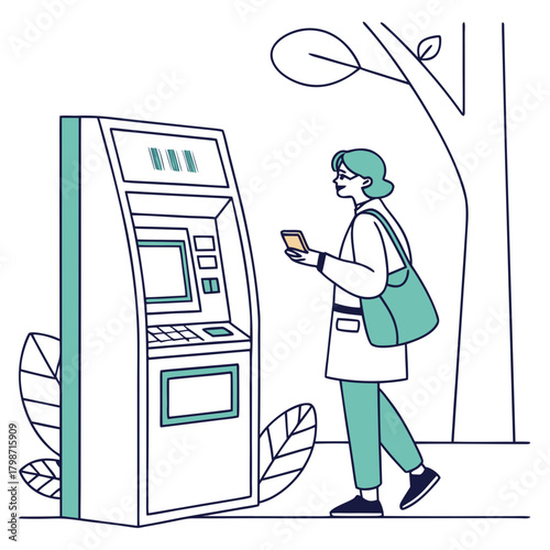 A woman is using an atm machine to withdraw money from her bank account, with a tree in the background isolated on simple vector illustration