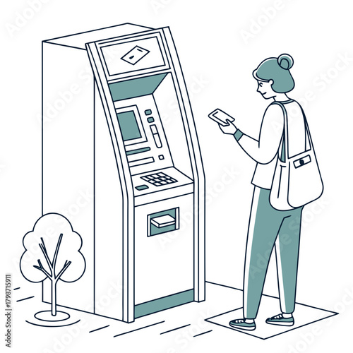 A woman is using an atm machine to withdraw money from her bank account, with a tree in the background isolated on simple vector illustration