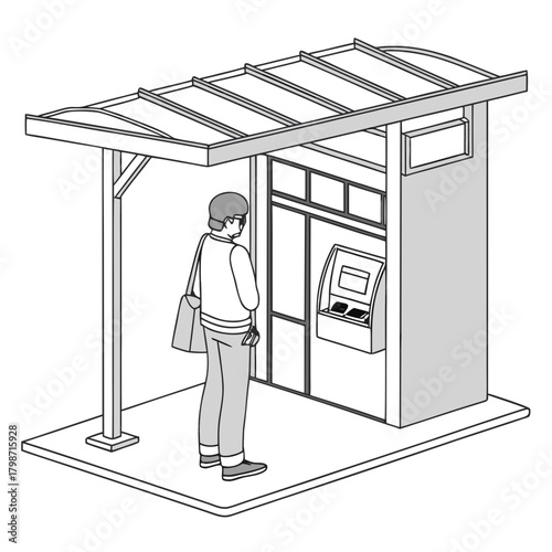 A man is using an atm in a booth, line drawing isolated on he is wearing a cap, sweater, and carrying a bag while using the machine