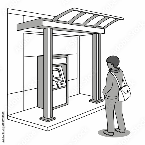 A man is using an atm in a booth, line drawing isolated on he is wearing a sweater and carrying a bag while using the machine