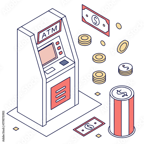 Isometric atm machine with money, coins, and banknotes isolated on financial services, cash withdrawal, and banking concept vector illustration