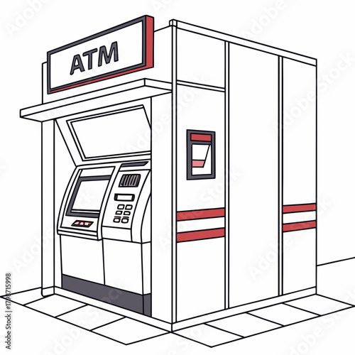 A modern atm machine, encased in a protective structure, stands ready to serve customers with its array of buttons and screen, promising easy transactions isolated on