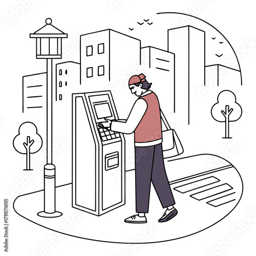 A man is using an atm on the street, withdrawing money or making a transaction, with trees and buildings in the background isolated on